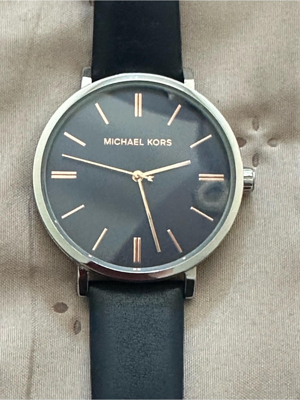 Michael Kors Navy Leather Watch with Silver Case & Rose-Gold Accents